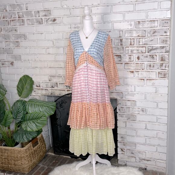 Love Shack Fancy Romantic Cottage Core Plaid Midi Puff Sleeve Ruffle Dress 8 - Picture 2 of 13